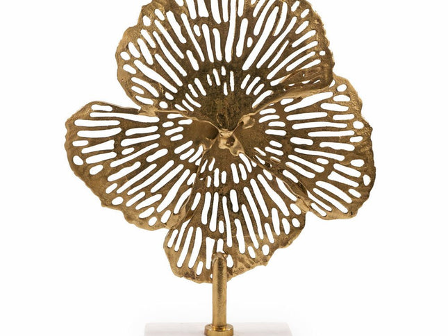 18" Antiqued Gold And White Aluminum And Marble Flowers Abstract Tabletop Sculpture