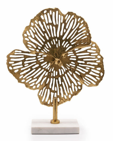 18" Antiqued Gold And White Aluminum And Marble Flowers Abstract Tabletop Sculpture