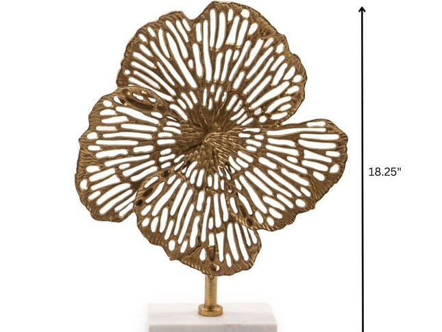 18" Antiqued Gold And White Aluminum And Marble Flowers Abstract Tabletop Sculpture