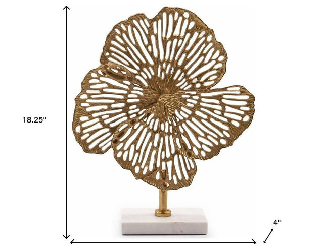 18" Antiqued Gold And White Aluminum And Marble Flowers Abstract Tabletop Sculpture