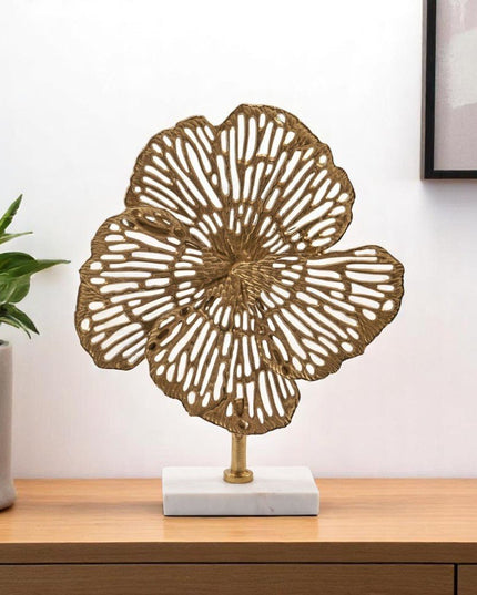 18" Antiqued Gold And White Aluminum And Marble Flowers Abstract Tabletop Sculpture