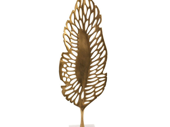 28" Gold And White Aluminum And Marble Leaf Tabletop Sculpture
