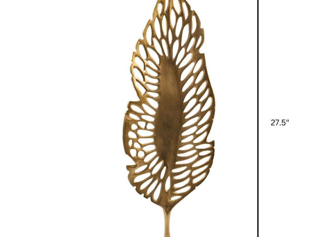 28" Gold And White Aluminum And Marble Leaf Tabletop Sculpture