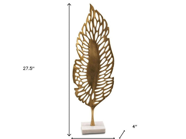 28" Gold And White Aluminum And Marble Leaf Tabletop Sculpture