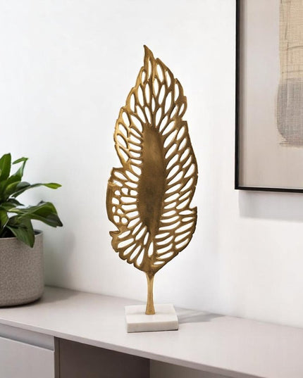 28" Gold And White Aluminum And Marble Leaf Tabletop Sculpture