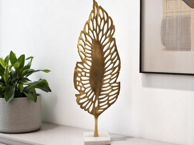 28" Gold And White Aluminum And Marble Leaf Tabletop Sculpture