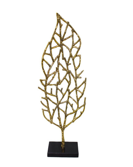 26" Gold And Black Aluminum And Marble Leaf Tabletop Sculpture