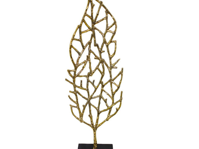 26" Gold And Black Aluminum And Marble Leaf Tabletop Sculpture