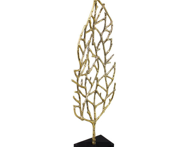 26" Gold And Black Aluminum And Marble Leaf Tabletop Sculpture