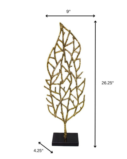 26" Gold And Black Aluminum And Marble Leaf Tabletop Sculpture