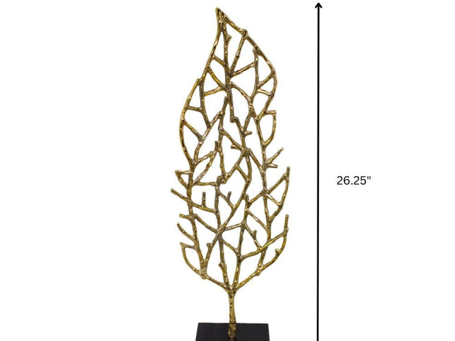 26" Gold And Black Aluminum And Marble Leaf Tabletop Sculpture