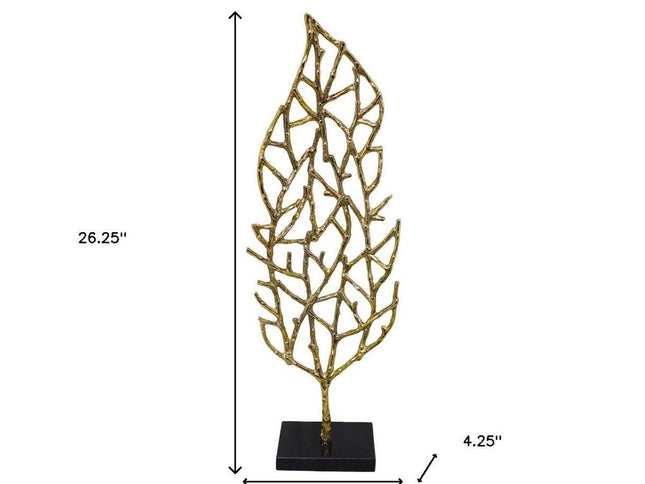 26" Gold And Black Aluminum And Marble Leaf Tabletop Sculpture