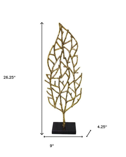 26" Gold And Black Aluminum And Marble Leaf Tabletop Sculpture