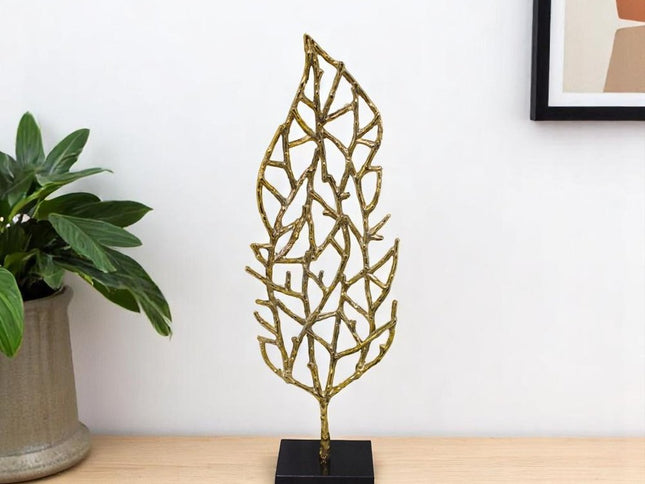 26" Gold And Black Aluminum And Marble Leaf Tabletop Sculpture