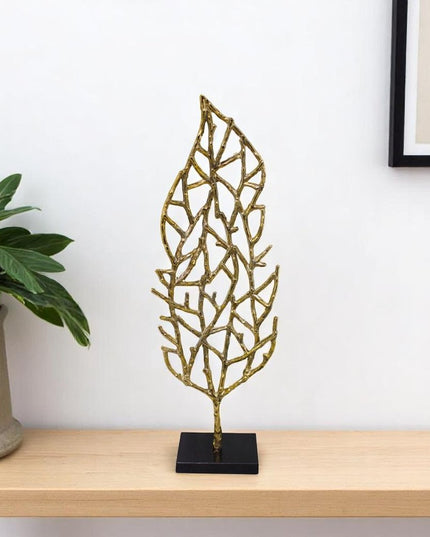 26" Gold And Black Aluminum And Marble Leaf Tabletop Sculpture