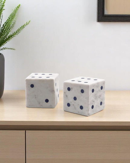 Set of Two White Marble Hand Painted Dice Tabletop Sculpture