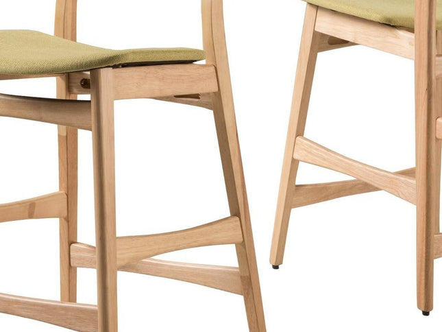 Set of Two Green and Natural Fabric and Wood Low Back Bar Height Bar Chairs