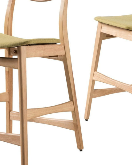 Set of Two Green and Natural Fabric and Wood Low Back Bar Height Bar Chairs