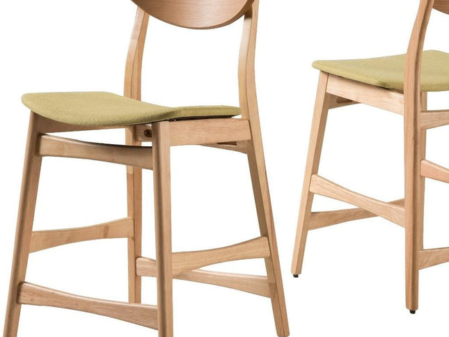 Set of Two Green and Natural Fabric and Wood Low Back Bar Height Bar Chairs