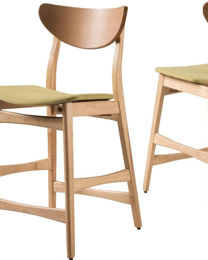 Set of Two Green and Natural Fabric and Wood Low Back Bar Height Bar Chairs