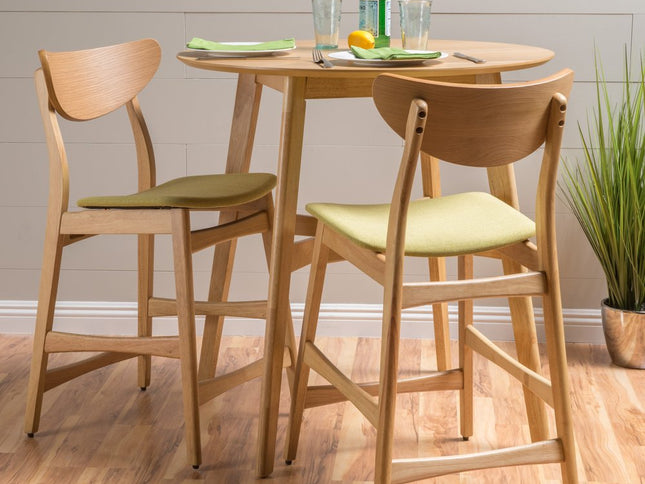 Set of Two Green and Natural Fabric and Wood Low Back Bar Height Bar Chairs