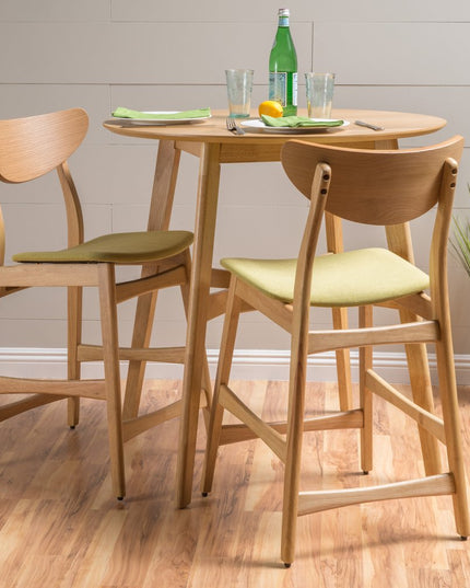 Set of Two Green and Natural Fabric and Wood Low Back Bar Height Bar Chairs