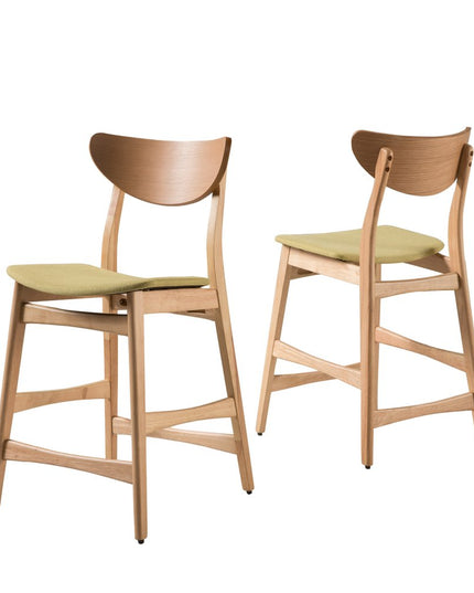 Set of Two Green and Natural Fabric and Wood Low Back Bar Height Bar Chairs