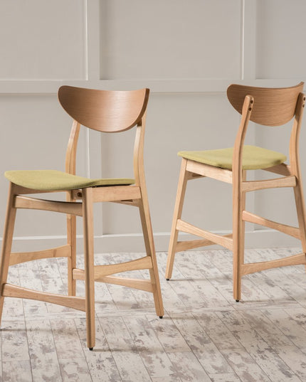 Set of Two Green and Natural Fabric and Wood Low Back Bar Height Bar Chairs