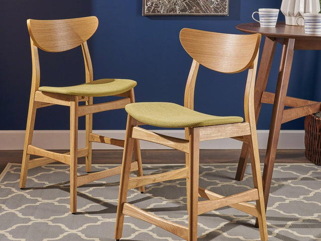 Set of Two Green and Natural Fabric and Wood Low Back Bar Height Bar Chairs