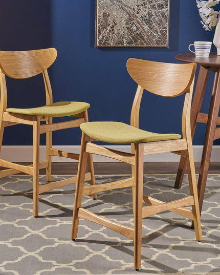 Set of Two Green and Natural Fabric and Wood Low Back Bar Height Bar Chairs
