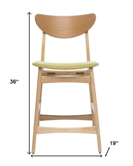 Set of Two Green and Natural Fabric and Wood Low Back Bar Height Bar Chairs