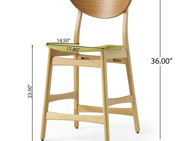 Set of Two Green and Natural Fabric and Wood Low Back Bar Height Bar Chairs