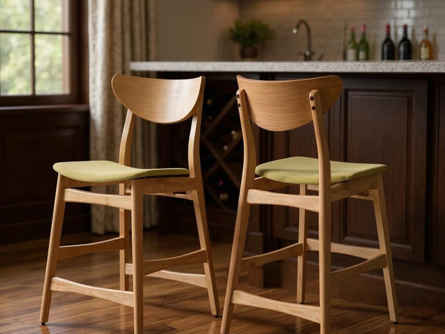 Set of Two Green and Natural Fabric and Wood Low Back Bar Height Bar Chairs