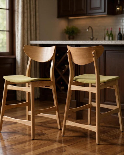 Set of Two Green and Natural Fabric and Wood Low Back Bar Height Bar Chairs