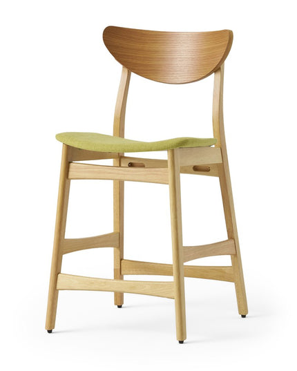 Set of Two Green and Natural Fabric and Wood Low Back Bar Height Bar Chairs