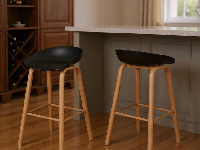 Set of Two Black and Natural Heavy Duty Plastic and Wood Backless Bar Height Bar Chairs
