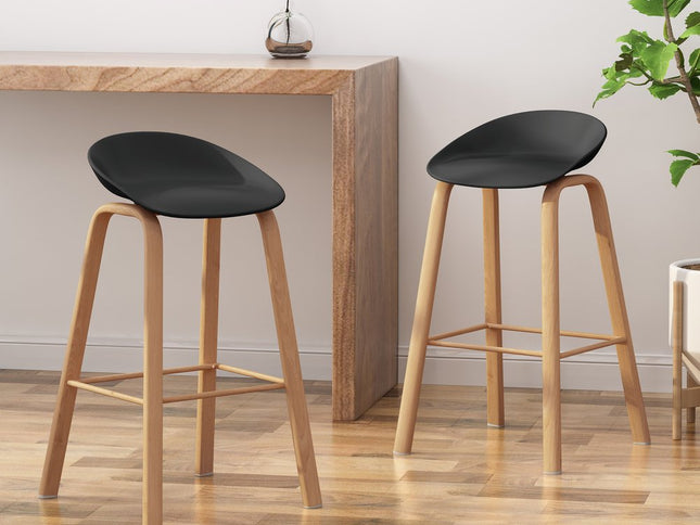Set of Two Black and Natural Heavy Duty Plastic and Wood Backless Bar Height Bar Chairs
