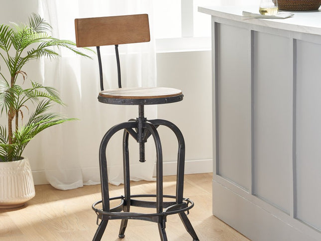 Natural and Black Wood and Metal Low Back Adjustable Height Swivel Bar Chair