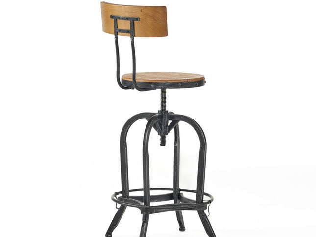 Natural and Black Wood and Metal Low Back Adjustable Height Swivel Bar Chair