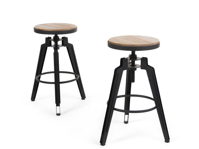 Set of Two Natural and Black Iron and Wood Backless Adjustable Height Swivel Bar Chairs