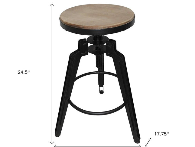 Set of Two Natural and Black Iron and Wood Backless Adjustable Height Swivel Bar Chairs