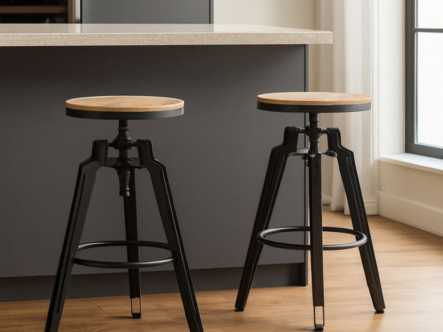 Set of Two Natural and Black Iron and Wood Backless Adjustable Height Swivel Bar Chairs