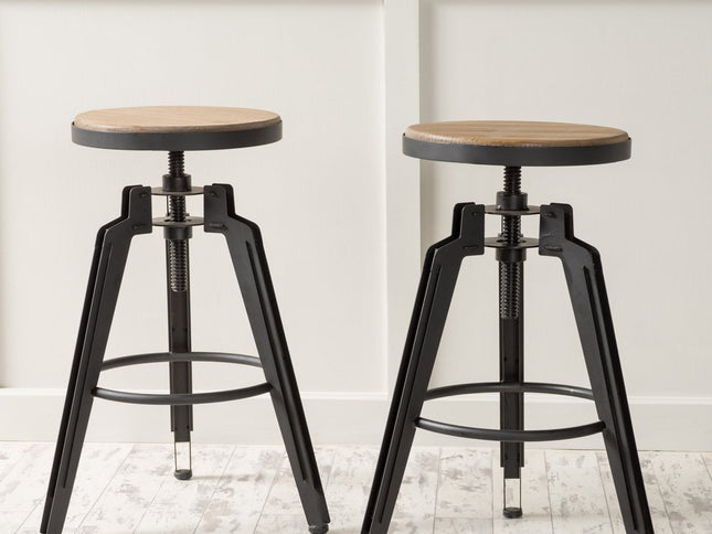 Set of Two Natural and Black Iron and Wood Backless Adjustable Height Swivel Bar Chairs