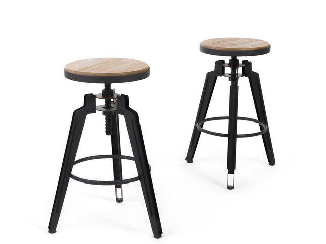 Set of Two Natural and Black Iron and Wood Backless Adjustable Height Swivel Bar Chairs