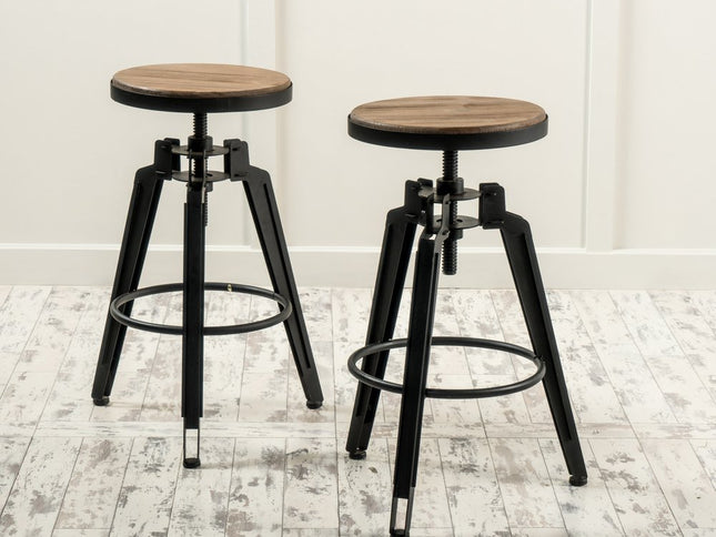 Set of Two Natural and Black Iron and Wood Backless Adjustable Height Swivel Bar Chairs
