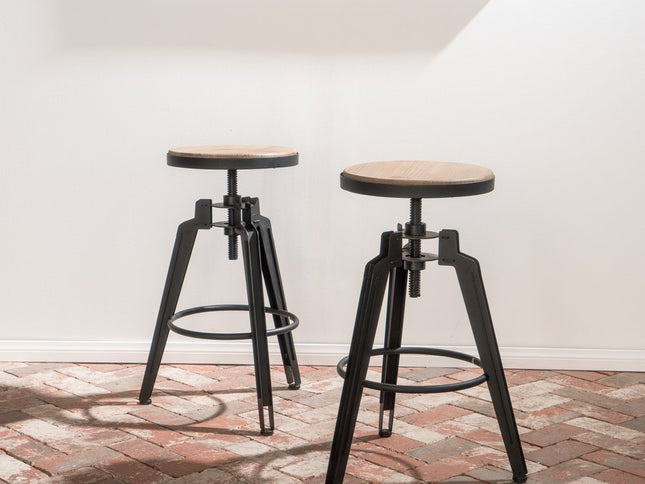 Set of Two Natural and Black Iron and Wood Backless Adjustable Height Swivel Bar Chairs