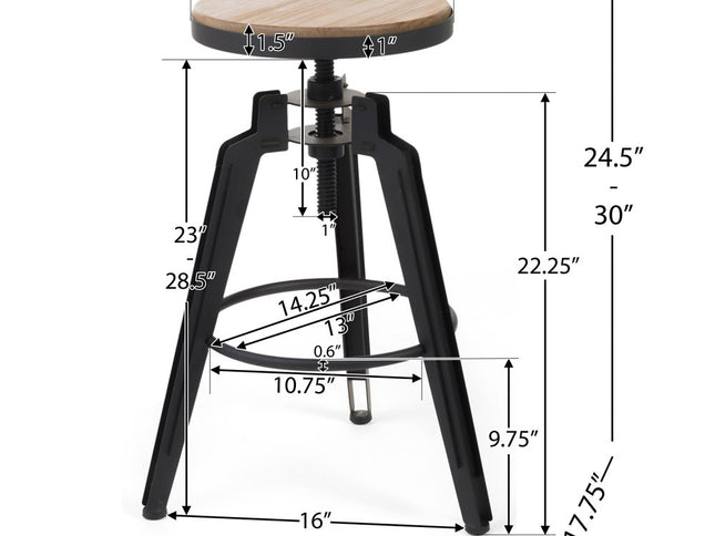 Set of Two Natural and Black Iron and Wood Backless Adjustable Height Swivel Bar Chairs