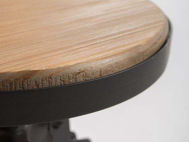 Set of Two Natural and Black Iron and Wood Backless Adjustable Height Swivel Bar Chairs