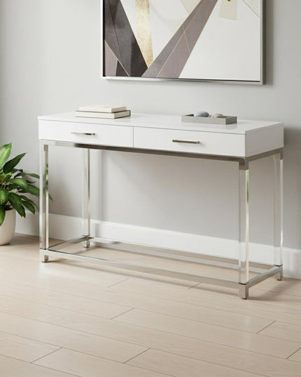 48" White and Silver Wood and Stainless Steel Console Table And With Two Drawers