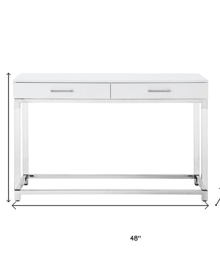 48" White and Silver Wood and Stainless Steel Console Table And With Two Drawers